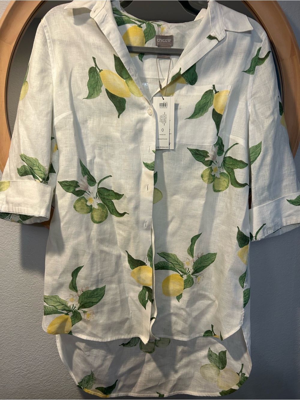 Chico's White Linen Shirt with Yellow Lemon & Green Leaf Print